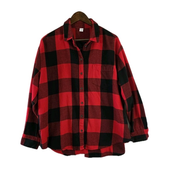 Old Navy Tops - Old Navy Shirt Womens Lg Red Black Plaid Flannel Button Up Long‎ Sleeve Cotton